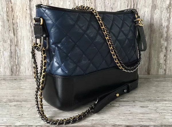 Chanel S Gabrielle Hobo Bag Navy Blue and Black Aged Calfskin Silver Tone and Gold Tone Metal For Sale