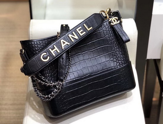 Chanel S Gabrielle Hobo Bag in Black Crocodile Embossed Calfskin AS0866