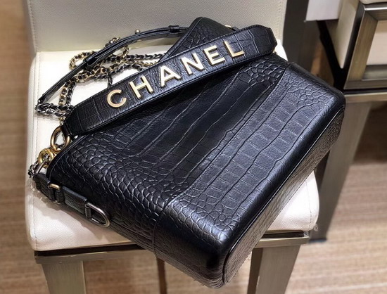 Chanel S Gabrielle Hobo Bag in Black Crocodile Embossed Calfskin AS0866