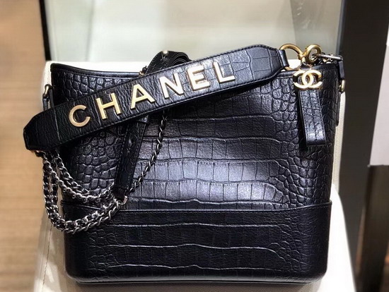 Chanel S Gabrielle Hobo Bag in Black Crocodile Embossed Calfskin AS0866