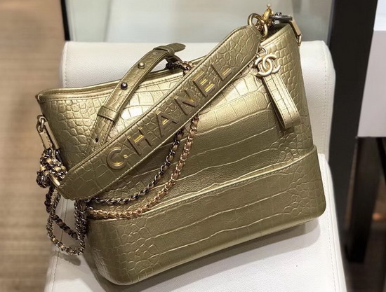 Chanel S Gabrielle Hobo Bag in Gold Metallic Crocodile Embossed Calfskin AS0866