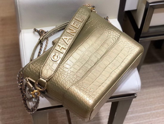 Chanel S Gabrielle Hobo Bag in Gold Metallic Crocodile Embossed Calfskin AS0866