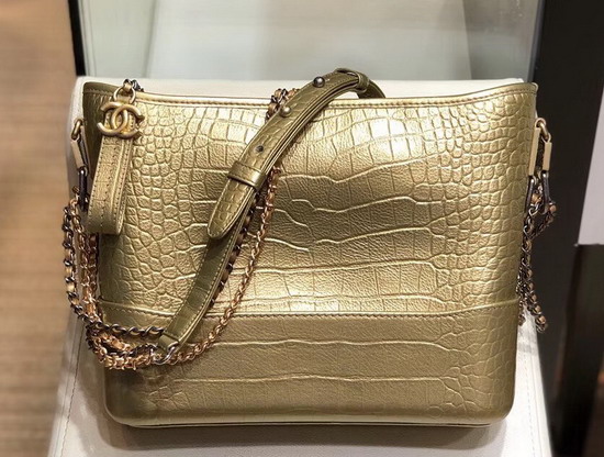 Chanel S Gabrielle Hobo Bag in Gold Metallic Crocodile Embossed Calfskin AS0866