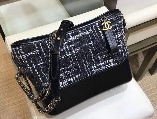 Chanel S Gabrielle Large Hobo Bag Wool Tweed Calfskin Gold Tone and Silver Tone Metal Black and White