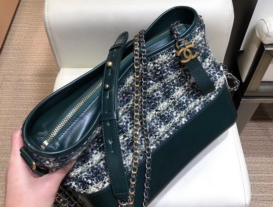 Chanel S Gabrielle Large Hobo Bag Wool Tweed Calfskin Gold Tone and Silver Tone Metal Green and White