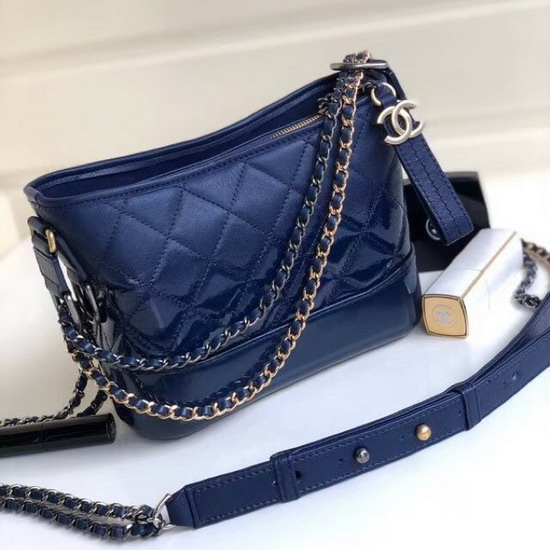 Chanel S Gabrielle Small Hobo Bag Dark Blue Goatskin and Patent Goatskin