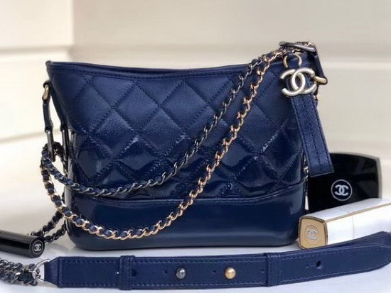 Chanel S Gabrielle Small Hobo Bag Dark Blue Goatskin and Patent Goatskin