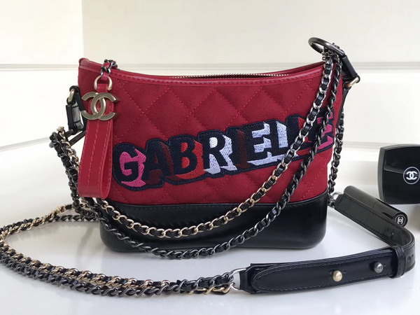 Chanel S Gabrielle Small Hobo Bag Felt Calfskin Gold Tone and Silver Tone Metal Red and Black For Sale