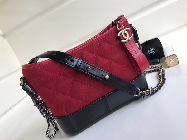 Chanel S Gabrielle Small Hobo Bag Felt Calfskin Gold Tone and Silver Tone Metal Red and Black For Sale