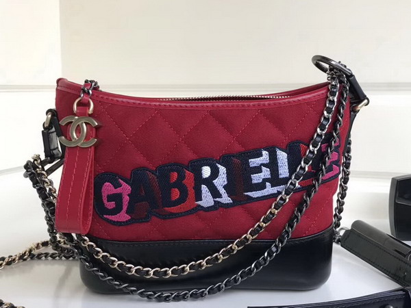 Chanel S Gabrielle Small Hobo Bag Felt Calfskin Gold Tone and Silver Tone Metal Red and Black For Sale