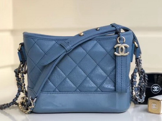 Chanel S Gabrielle Small Hobo Bag Light Blue Goatskin and Patent Goatskin