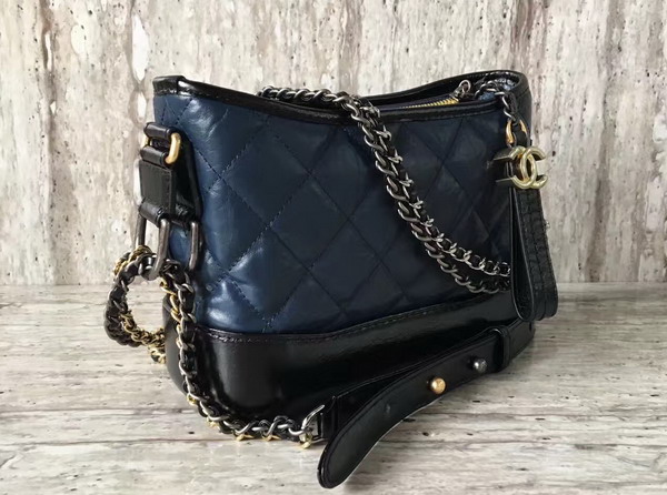 Chanel S Gabrielle Small Hobo Bag Navy Blue and Black Aged Calfskin Silver Tone and Gold Tone Metal For Sale