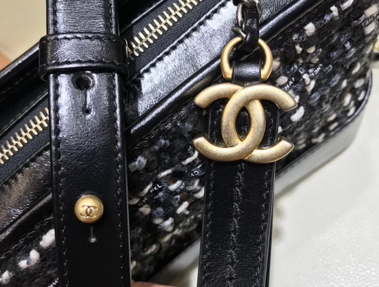 Chanel S Gabrielle Small Hobo Bag Wool Tweed Calfskin Gold Tone and Silver Tone Metal Black and White A91810