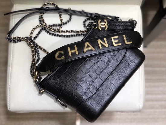 Chanel S Gabrielle Small Hobo Bag in Black Crocodile Embossed Calfskin AS0865