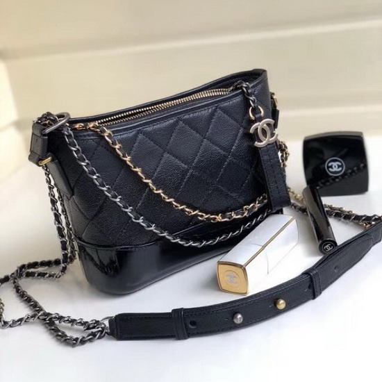 Chanel S Gabrielle Small Hobo Bag in Black Goatskin and Patent Goatskin