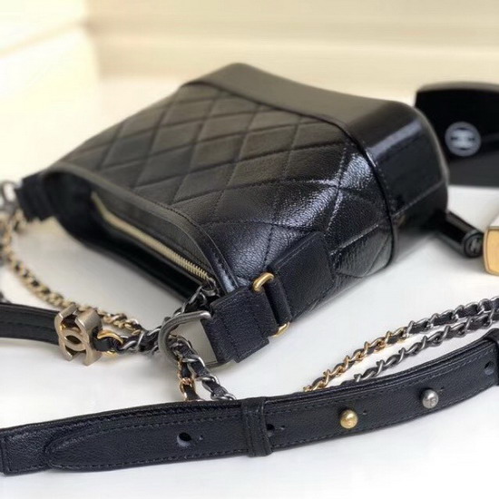 Chanel S Gabrielle Small Hobo Bag in Black Goatskin and Patent Goatskin