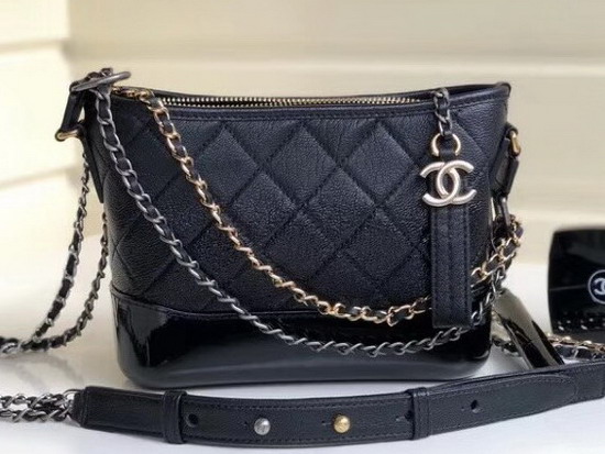 Chanel S Gabrielle Small Hobo Bag in Black Goatskin and Patent Goatskin