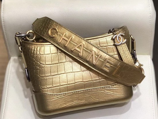 Chanel S Gabrielle Small Hobo Bag in Gold Metallic Crocodile Embossed Calfskin AS0865