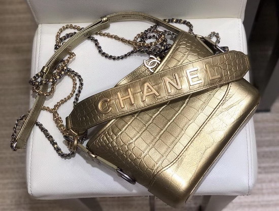 Chanel S Gabrielle Small Hobo Bag in Gold Metallic Crocodile Embossed Calfskin AS0865