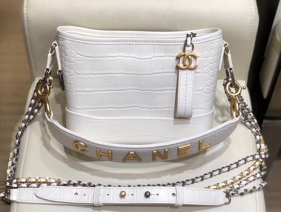 Chanel S Gabrielle Small Hobo Bag in White Crocodile Embossed Calfskin AS0865