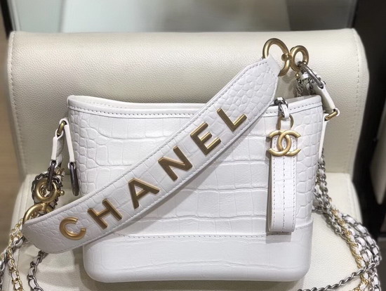 Chanel S Gabrielle Small Hobo Bag in White Crocodile Embossed Calfskin AS0865