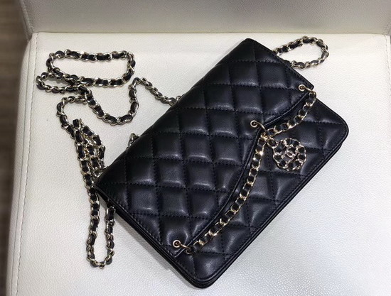 Chanel Saddle Wallet On Chain Black Lambskin and Gold Metal AP0278