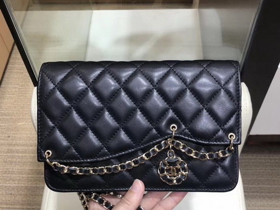 Chanel Saddle Wallet On Chain Black Lambskin and Gold Metal AP0278