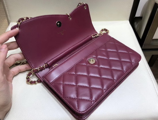 Chanel Saddle Wallet On Chain Burgundy Lambskin and Gold Metal AP0278