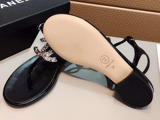 Chanel Sandal Black Patent Leather Real Leather Sole