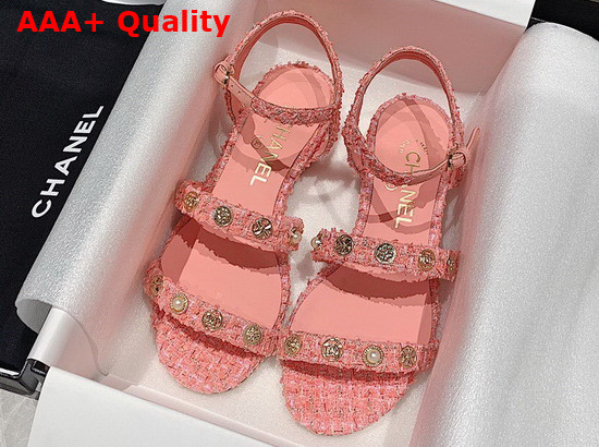 Chanel Sandals Cotton Tweed and Jewelry Coral and Pink G37212 Replica