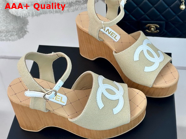 Chanel Sandals Fabric Patent Calfskin Beige and White G45555 Replica