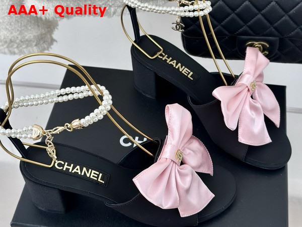 Chanel Sandals Silk and Imitation Pearls Black and Light Pink G45813 Replica