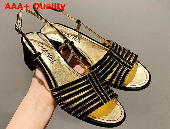 Chanel Sandals Suede Kidskin Black and Gold G37383 Replica