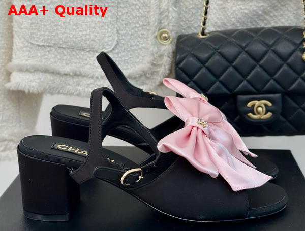 Chanel Sandals with Bow in Black and Pink Silk G45812 Replica