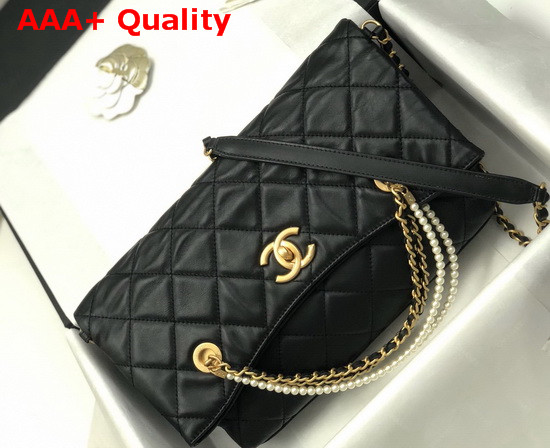 Chanel Shoppig Bag Calfskin Crystal Pearls Gold Tone Metal Black AS2213 Replica