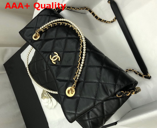 Chanel Shoppig Bag Calfskin Crystal Pearls Gold Tone Metal Black AS2213 Replica