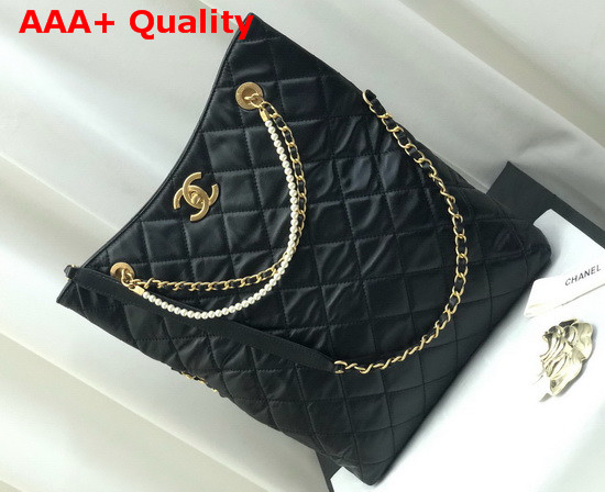 Chanel Shoppig Bag Calfskin Crystal Pearls Gold Tone Metal Black AS2213 Replica