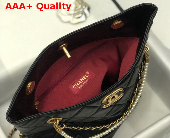 Chanel Shoppig Bag Calfskin Crystal Pearls Gold Tone Metal Black AS2213 Replica