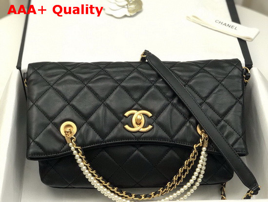 Chanel Shoppig Bag Calfskin Crystal Pearls Gold Tone Metal Black AS2213 Replica