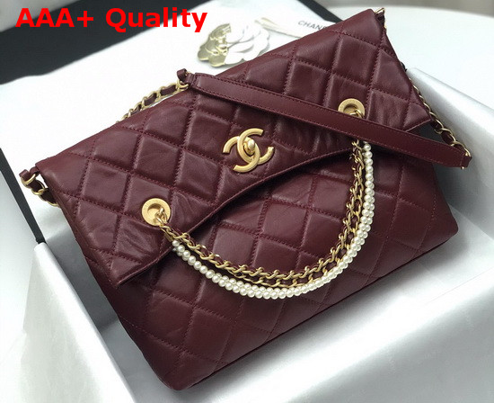 Chanel Shoppig Bag Calfskin Crystal Pearls Gold Tone Metal Burgundy AS2213 Replica