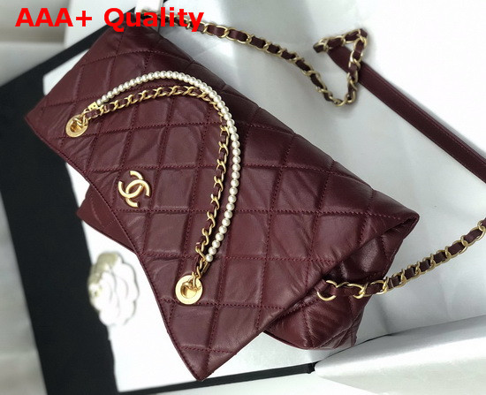 Chanel Shoppig Bag Calfskin Crystal Pearls Gold Tone Metal Burgundy AS2213 Replica