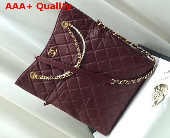 Chanel Shoppig Bag Calfskin Crystal Pearls Gold Tone Metal Burgundy AS2213 Replica