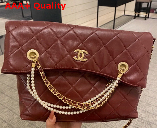 Chanel Shoppig Bag Calfskin Crystal Pearls Gold Tone Metal Burgundy AS2213 Replica