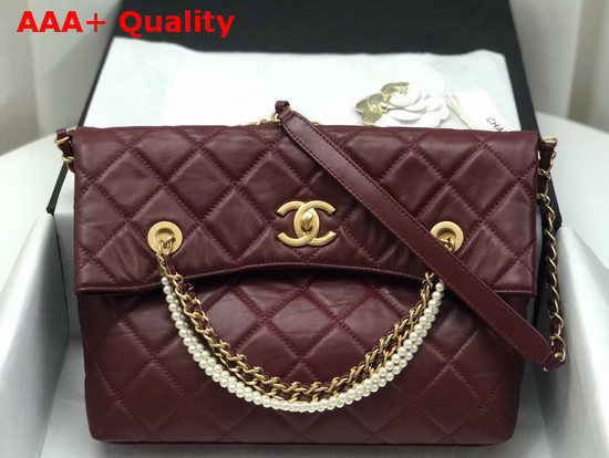 Chanel Shoppig Bag Calfskin Crystal Pearls Gold Tone Metal Burgundy AS2213 Replica