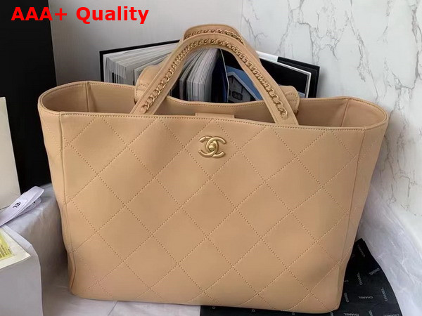 Chanel Shopping Bag Beige Calfskin Gold Tone Metal AS3508 Replica