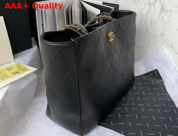 Chanel Shopping Bag Black Calfskin Gold Tone Metal AS3508 Replica