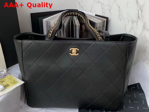 Chanel Shopping Bag Black Calfskin Gold Tone Metal AS3508 Replica