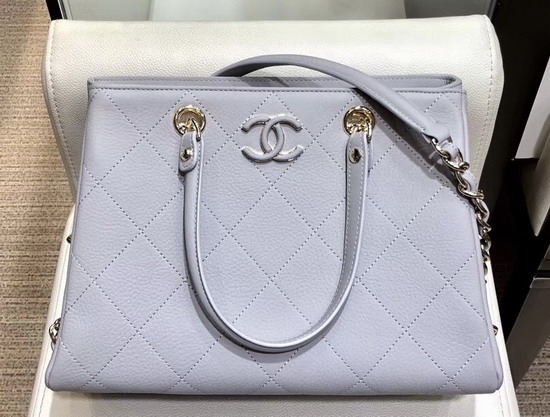 Chanel Shopping Bag Bullskin Gold Tone Metal Light Blue AS0356