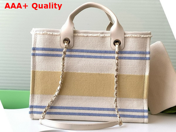 Chanel Shopping Bag Cotton Canvas Gold Tone Metal Ecru Blue and Yellow AS3351 Replica