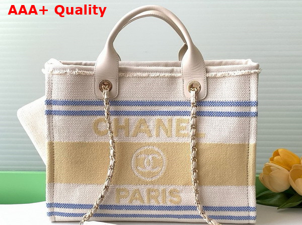 Chanel Shopping Bag Cotton Canvas Gold Tone Metal Ecru Blue and Yellow AS3351 Replica